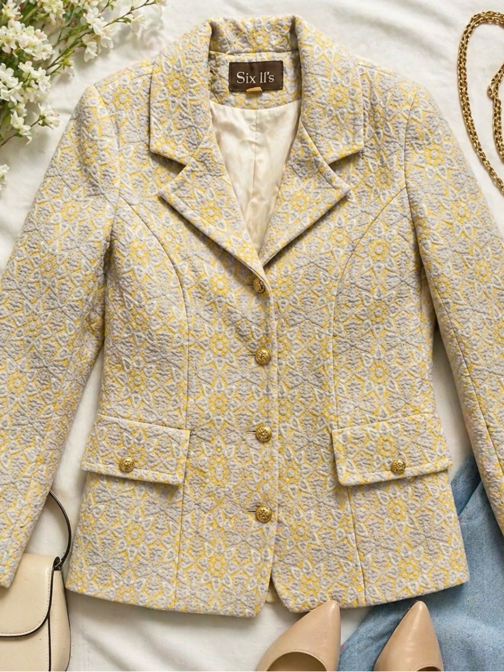Vintage 70s Six Il's Floral Jacquard Blazer Yellow Gray Gold Buttons Sz 10 Chic